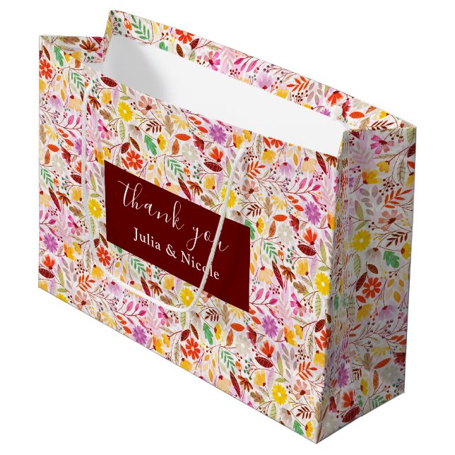 Vibrant Watercolors Summer Tulip Flowers Wedding Large Gift Bag (Front Angled)