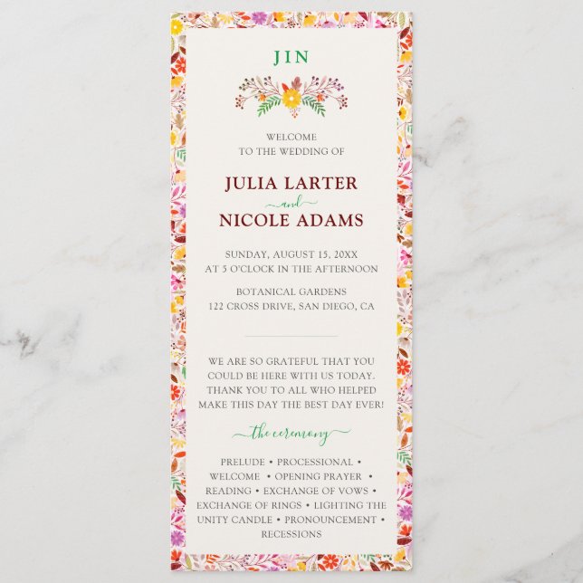 Vibrant Watercolors Summer Tulip Flowers Wedding Program (Front)