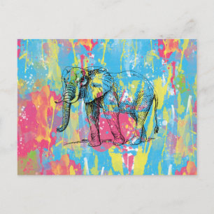 vibrant watercolours splatters elephant sketch postcard
