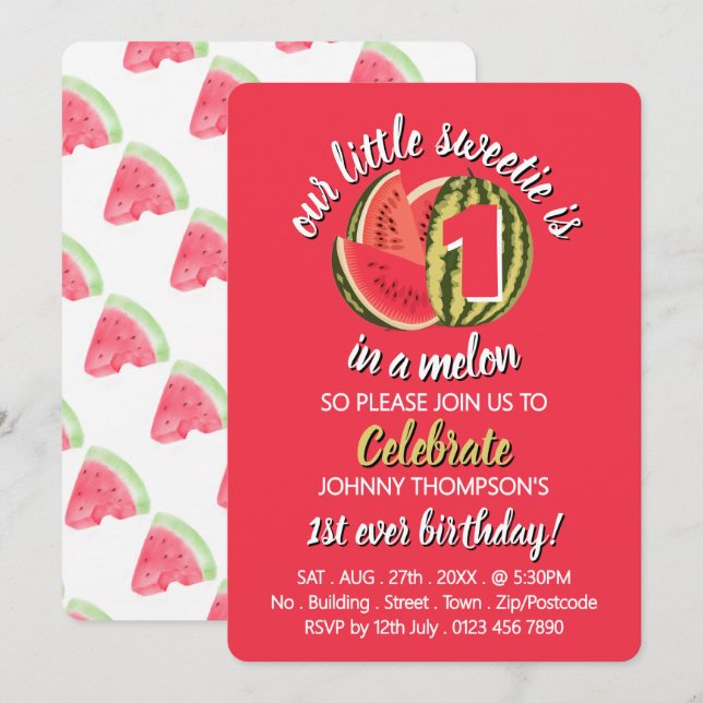 Vibrant Watermelon, One in a Melon, 1st Birthday Invitation (Front/Back)