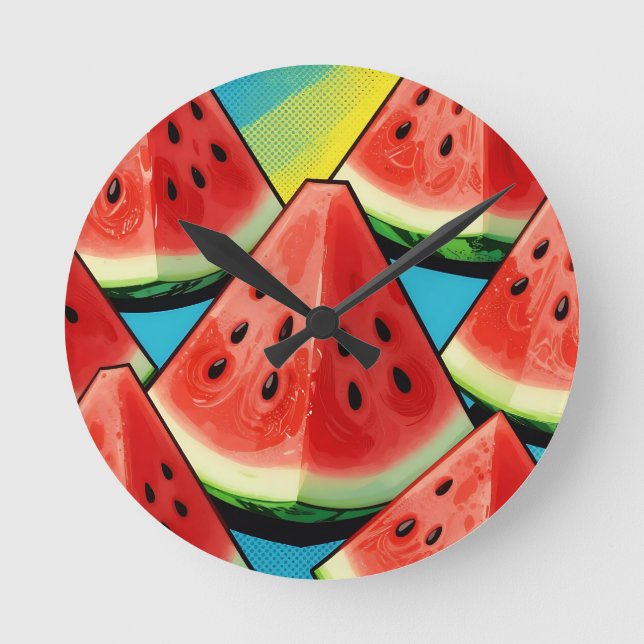 Vibrant Watermelon Slices Pop Art Round Clock (Front)