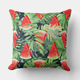 Vibrant Watermelon & Tropical Leaves Throw Pillow