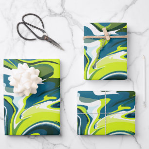 Vibrant Waves of Green and Blue Abstraction Wrapping Paper Sheet
