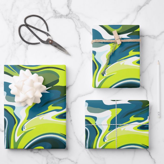 Vibrant Waves of Green and Blue Abstraction  Wrapping Paper Sheet (Front)