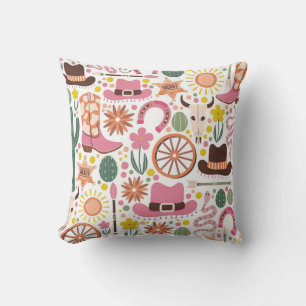 Vibrant Western Cowgirl Pattern Throw Pillow