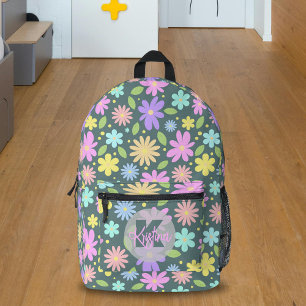 Vibrant Whimsical Pastel Garden Blooms on Green Printed Backpack
