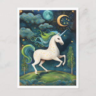 Vibrant White Unicorn in Magical Night Postcard
