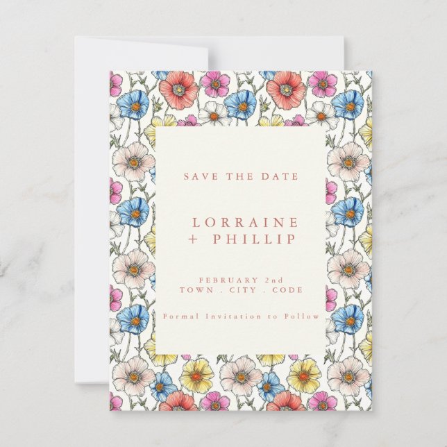 Vibrant wild flowers seamless pattern wedding save the date (Front)