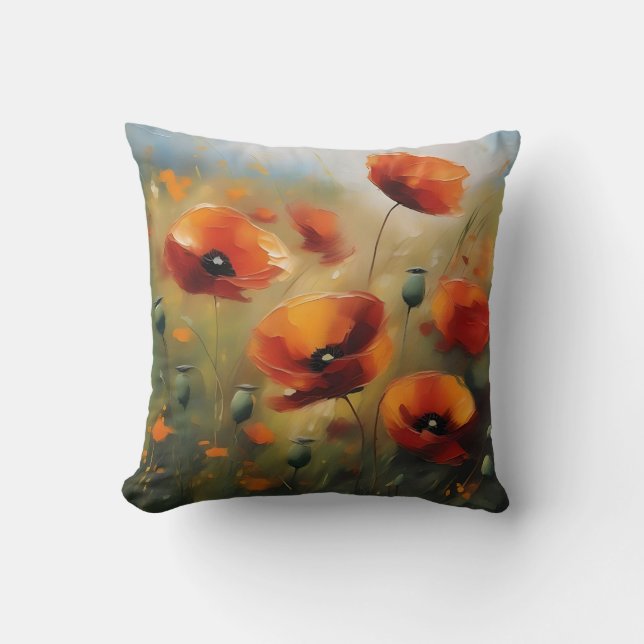 Vibrant Wild Poppies Serene Field Throw Pillow (Front)
