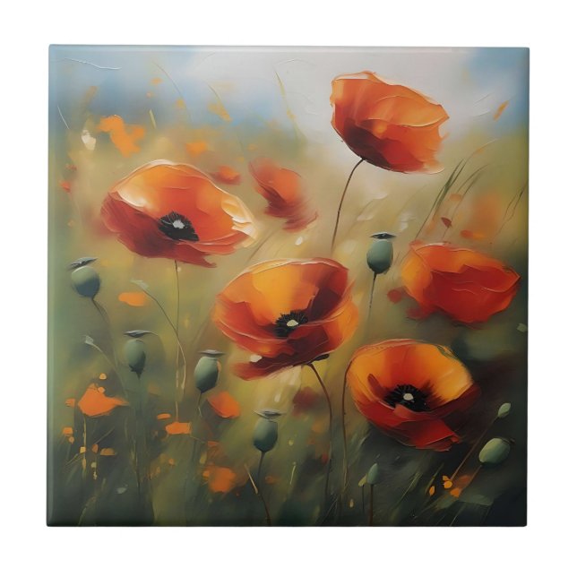 Vibrant Wild Poppies Serene Field Tile (Front)
