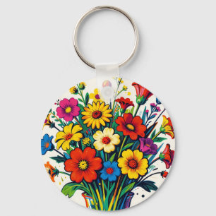 Vibrant Wildflower Bouquet Folk Art Keychain