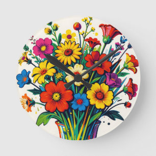Vibrant Wildflower Bouquet Folk Art Round Clock