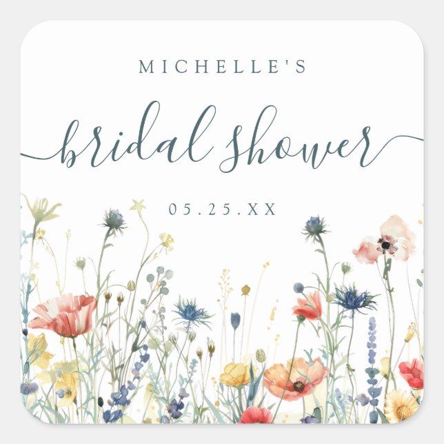 Vibrant Wildflower Bridal Shower Square Sticker (Front)