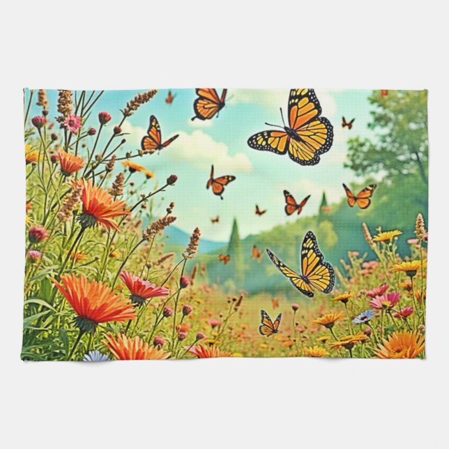Vibrant Wildflower Butterfly Joy Design Kitchen Towel (Horizontal)