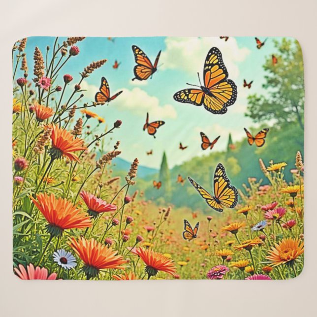 Vibrant Wildflower Butterfly Joy Design Sherpa Blanket (Front (Horizontal))