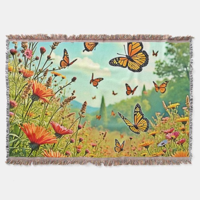 Vibrant Wildflower Butterfly Joy Design Throw Blanket (Front)