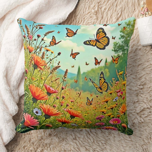 Vibrant Wildflower Butterfly Joy Design Throw Pillow (Blanket)