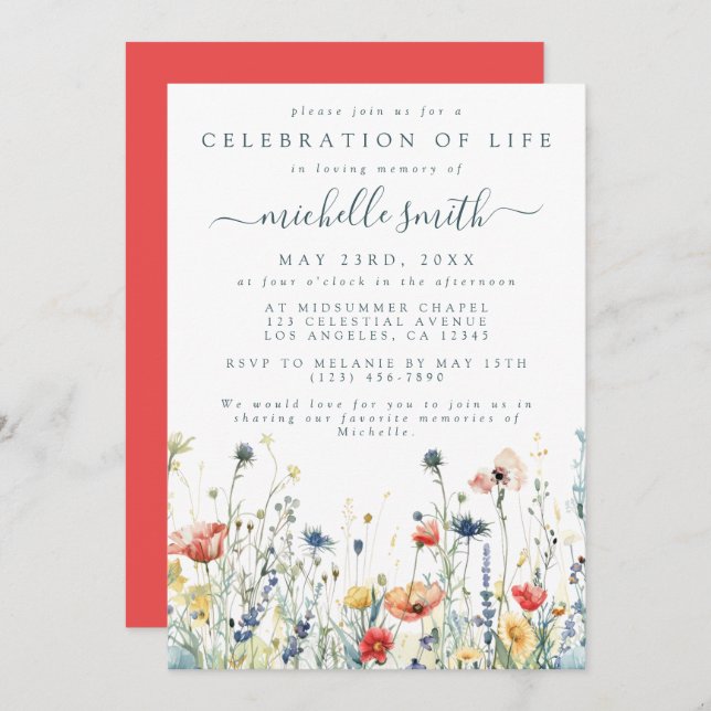 Vibrant Wildflower Celebration of Life Funeral Invitation (Front/Back)