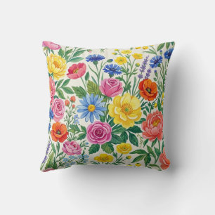 Vibrant Wildflower Meadow Botanical Garden Print Throw Pillow