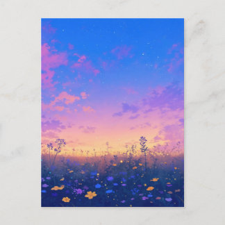 Vibrant Wildflower Meadow Under Starry Sunset Postcard