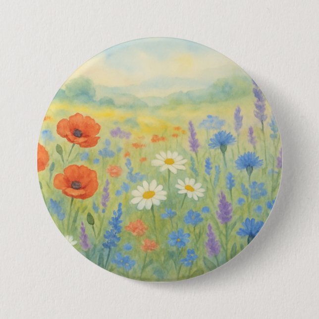 Vibrant Wildflower Meadow Watercolor 3 Inch Round Button (Front)