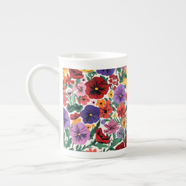 Vibrant Wildflower Pansy Botanical Pattern Bone China Mug (Left)