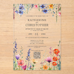 Vibrant Wildflowers Elegant Wedding QR Code Clear Acrylic Invitations