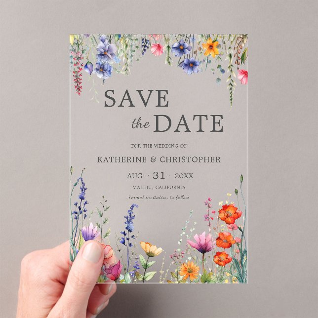 Vibrant Wildflowers Elegant Wedding Save the Date Acrylic Invitations (Insitu (Handheld))