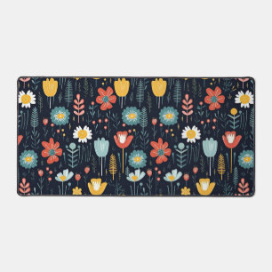 Vibrant Wildflowers on Navy Blue Desk Mat