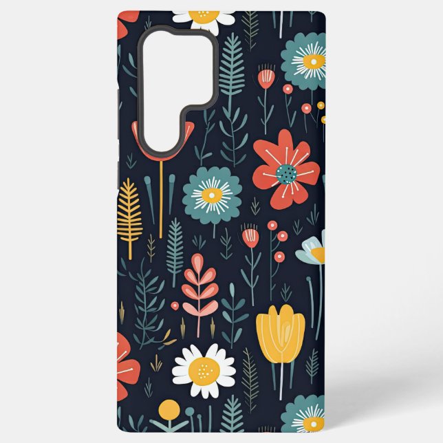 Vibrant Wildflowers on Navy Blue Samsung Galaxy S22 Ultra Case (Back)