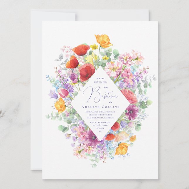 Vibrant Wildflowers Simple Floral Baptism Invitation (Front)