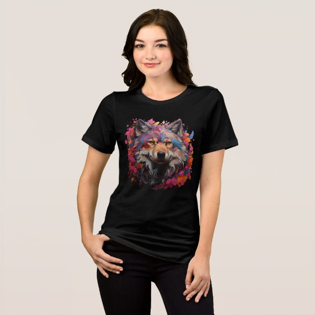 Vibrant Wolf with Abstract Floral Design Tri-Blend Shirt (Front Full)