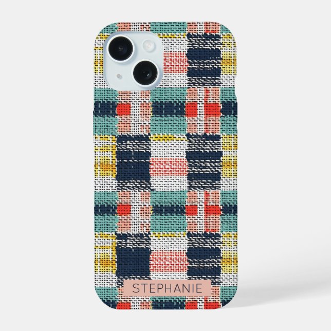 Vibrant Woven Plaid - Retro Boho Chequered Pattern iPhone 15 Case (Back)