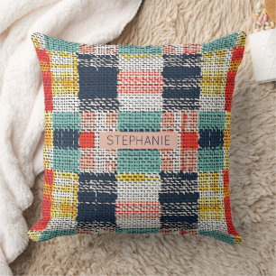Vibrant Woven Plaid - Retro Boho Chequered Pattern Throw Pillow