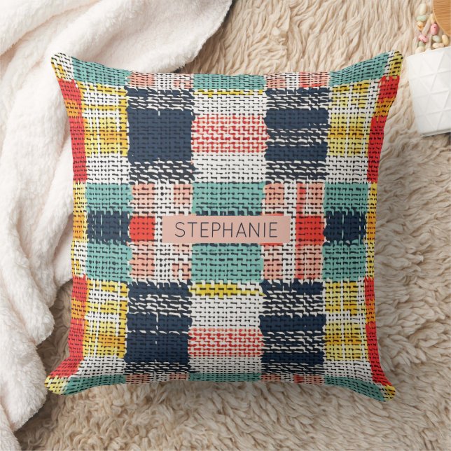 Vibrant Woven Plaid - Retro Boho Chequered Pattern Throw Pillow (Blanket)