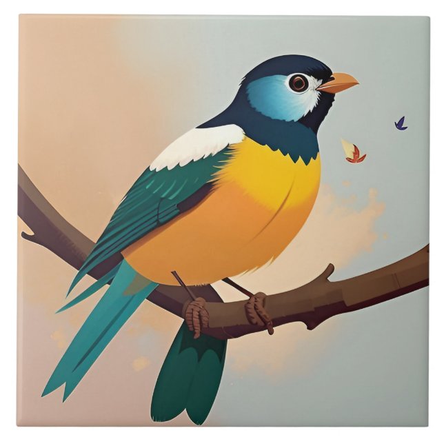 Vibrant Yellow and Green Bird Perched on a Branch Tile (Front)