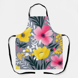 Vibrant Yellow And Pink Flowers On Grey Apron