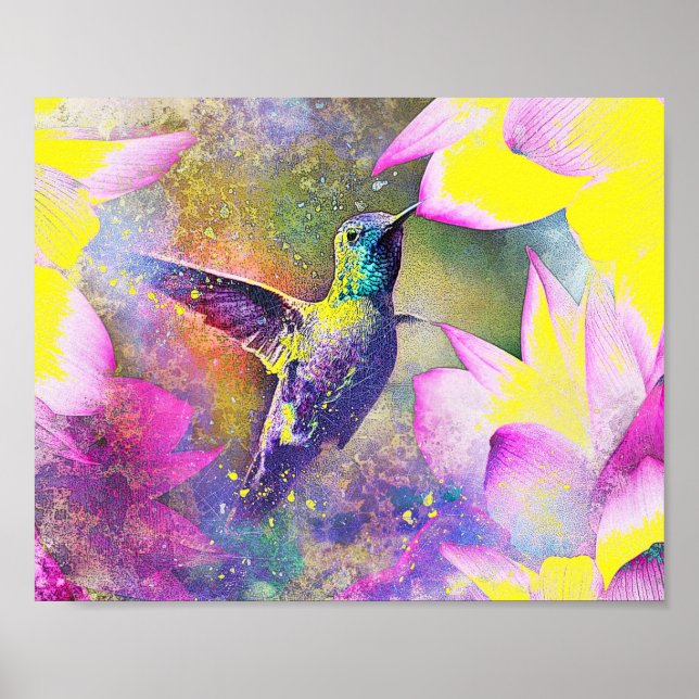 Vibrant Yellow and Purple Floral Hummingbird Art Poster (Front)