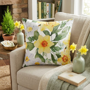 Vibrant Yellow and White Daffodil Floral Throw Pillow