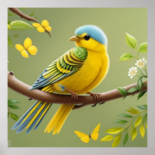 Vibrant Yellow Bird on Branch Poster