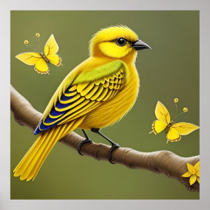 Vibrant Yellow Bird on Branch Poster