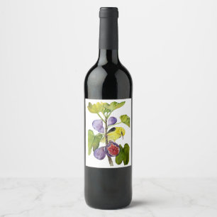 Vibrant Yellow Bird with Purple Figs Watercolor Wine Label