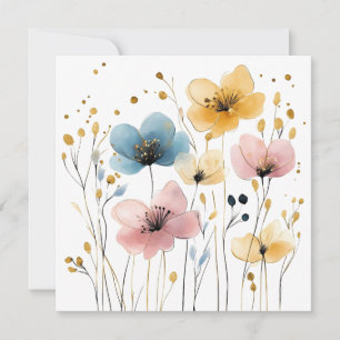 Vibrant Yellow, Blue, and Pink Watercolor Floral Holiday Card
