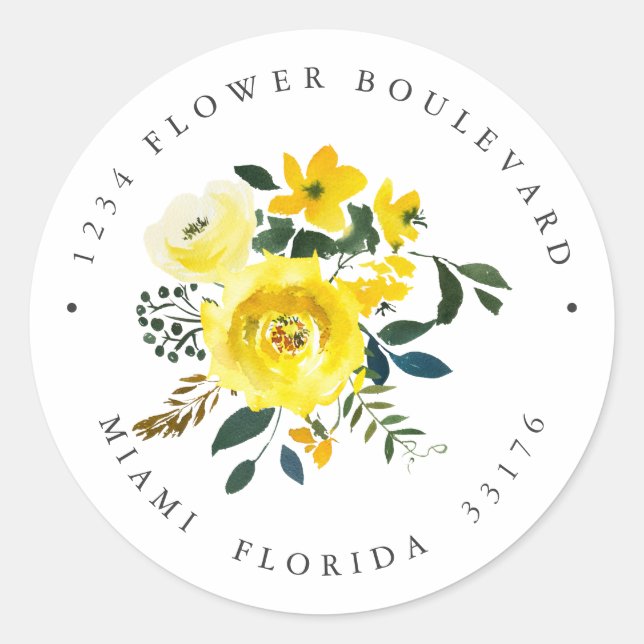 Vibrant Yellow Bouquet Botanical Return address Classic Round Sticker (Front)