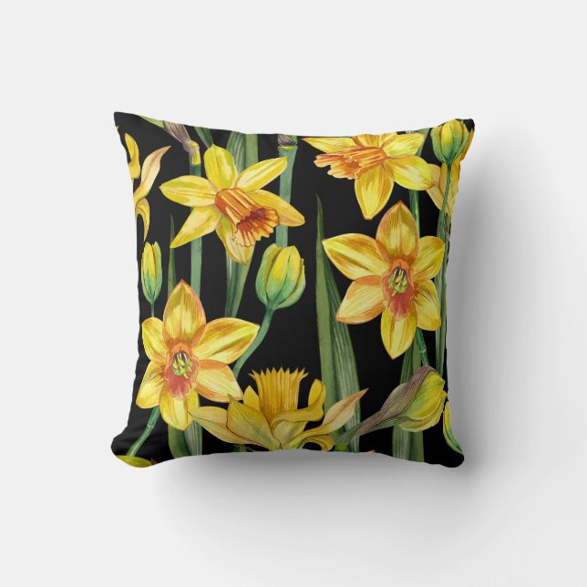 vibrant yellow daffodils and green stems  throw pillow (Front)