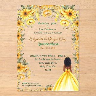 Vibrant Yellow Dress and Afro Hair Quinceañera Acrylic Invitations