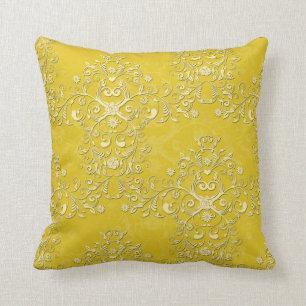 Vibrant Yellow Floral Damask Pattern Throw Pillow