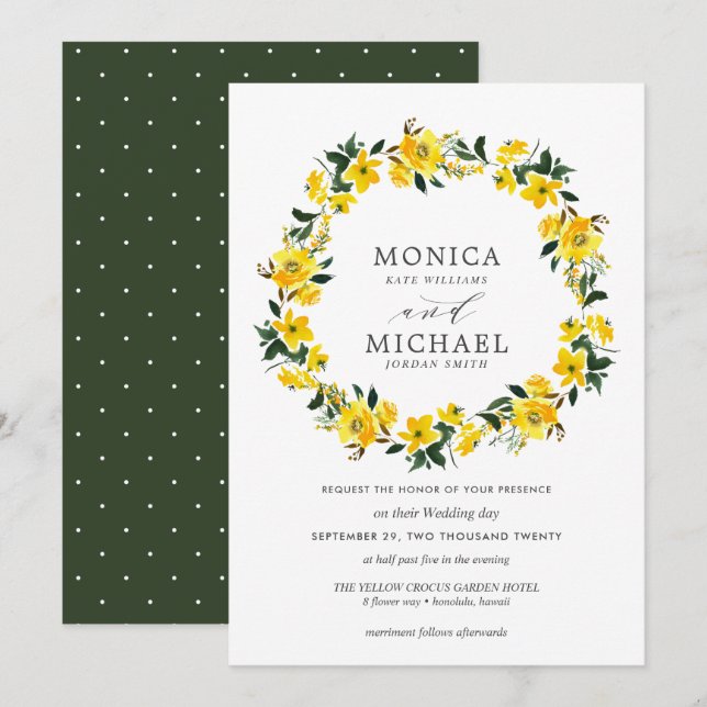 Vibrant yellow flowers wreath wedding invitation (Front/Back)