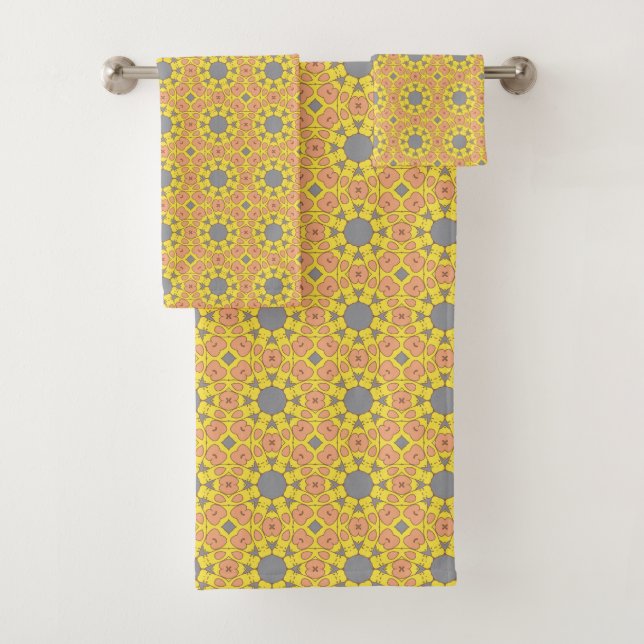 vibrant yellow geometric pattern with blue and red bath towel set (Insitu)