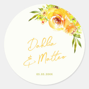 Vibrant Yellow Green Floral Summer Custom Wedding Classic Round Sticker